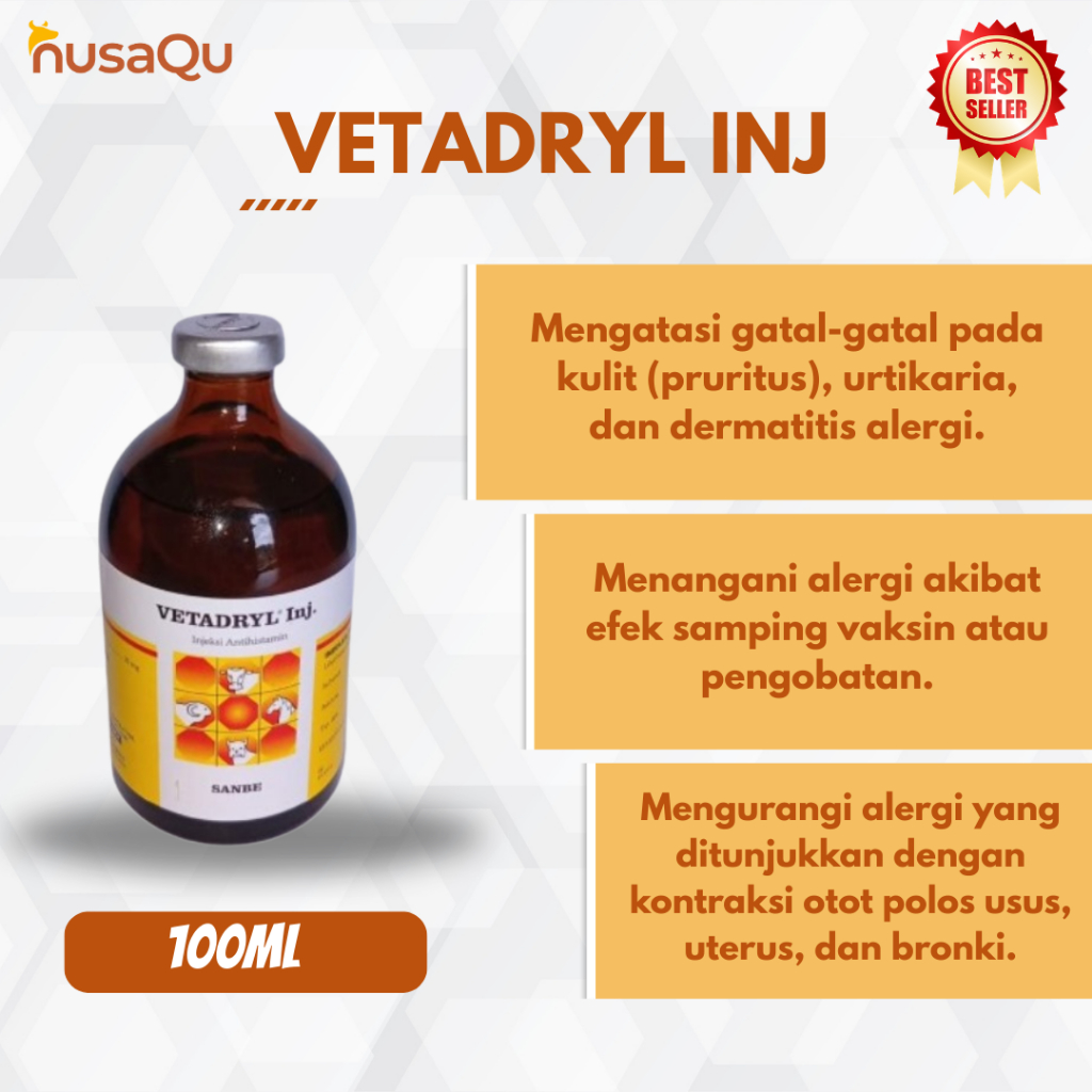 VETADRYL 100ml INJEKSI - Obat Alergi Makanan Lingkungan Obat Pada Ternak Sapi Kambing Anjing Kucing 