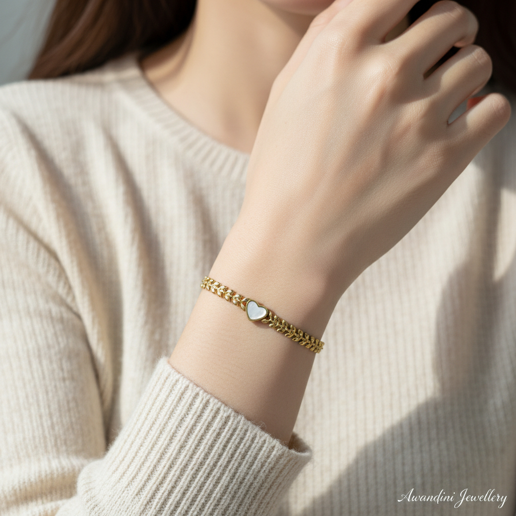 Gelang wanita rantai biji padi simbol hati putih bahan titaniu premium korea style warna gold awet