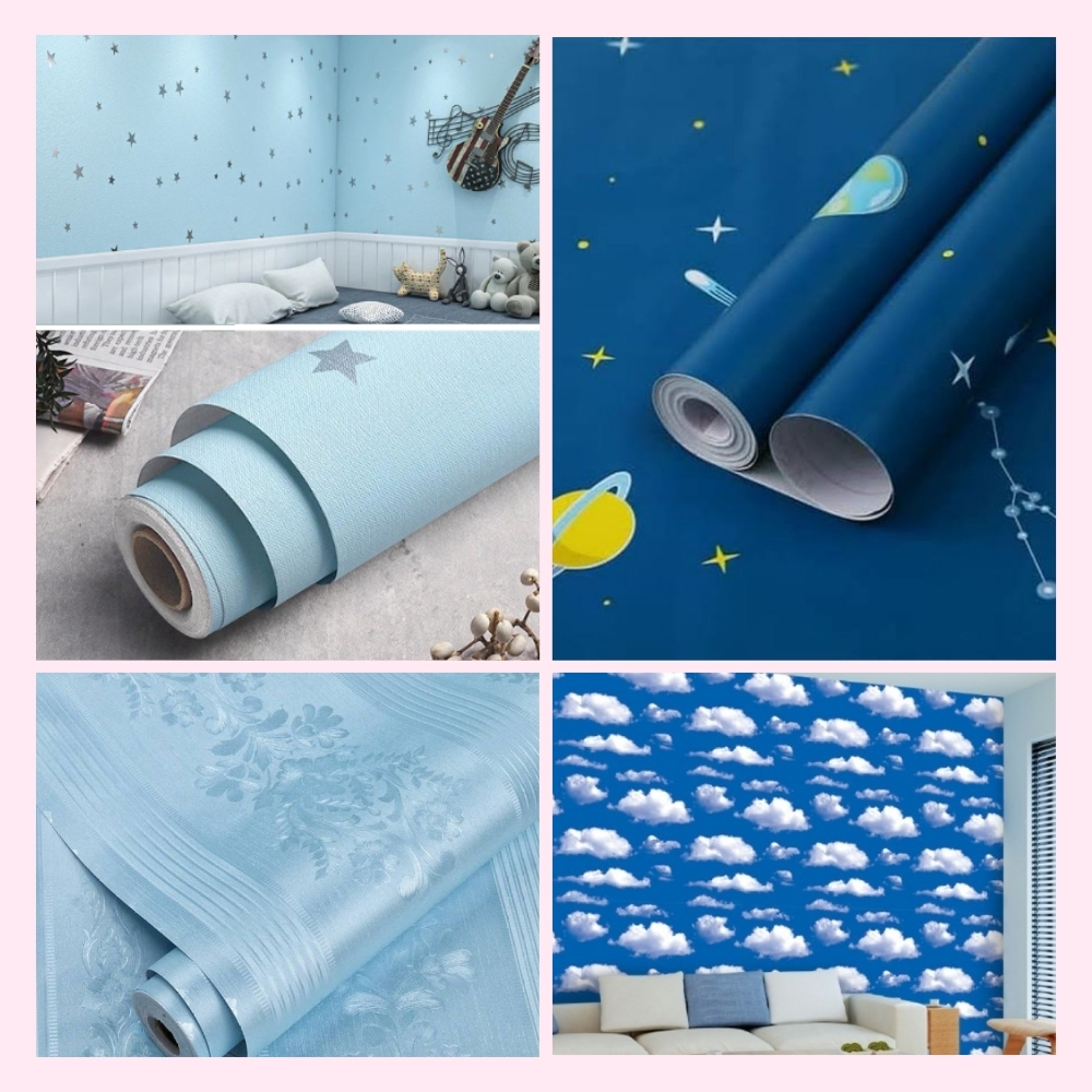 Walpeper Dinding Kamar Wallpaper Sticker Dinding Ruang Tamu Aesthetic Warna Biru Muda Navy Tosca