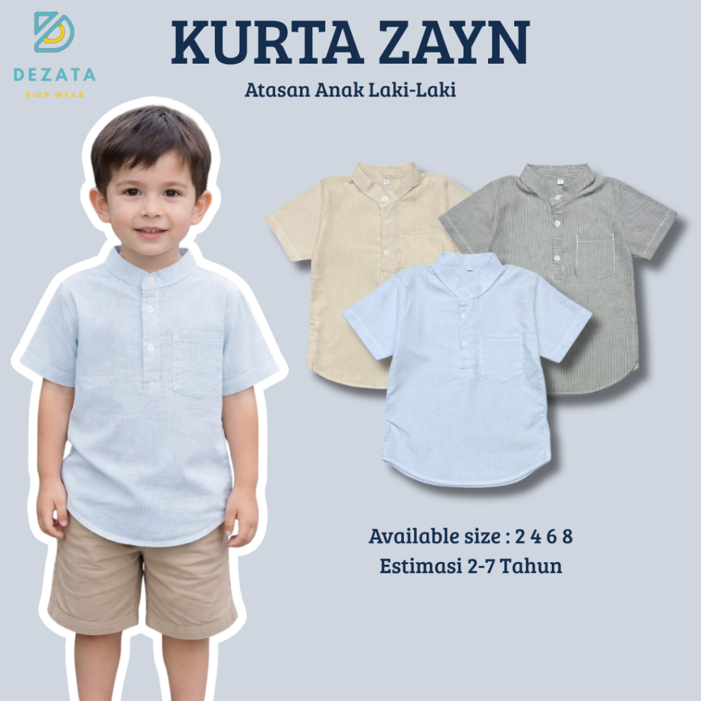 DEZATA KURTA ZAYN Atasan Anak Laki -Laki 2-7 Tahun Pakaian Muslim Anak Kemeja Anak