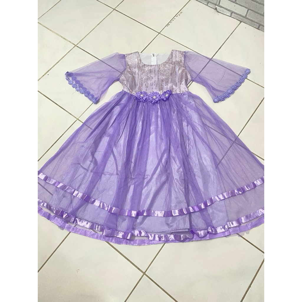 preloved pl dress pesta anak gaun ulang tahun bekas ungu lilac lavender mewah 6 7 8 tahun