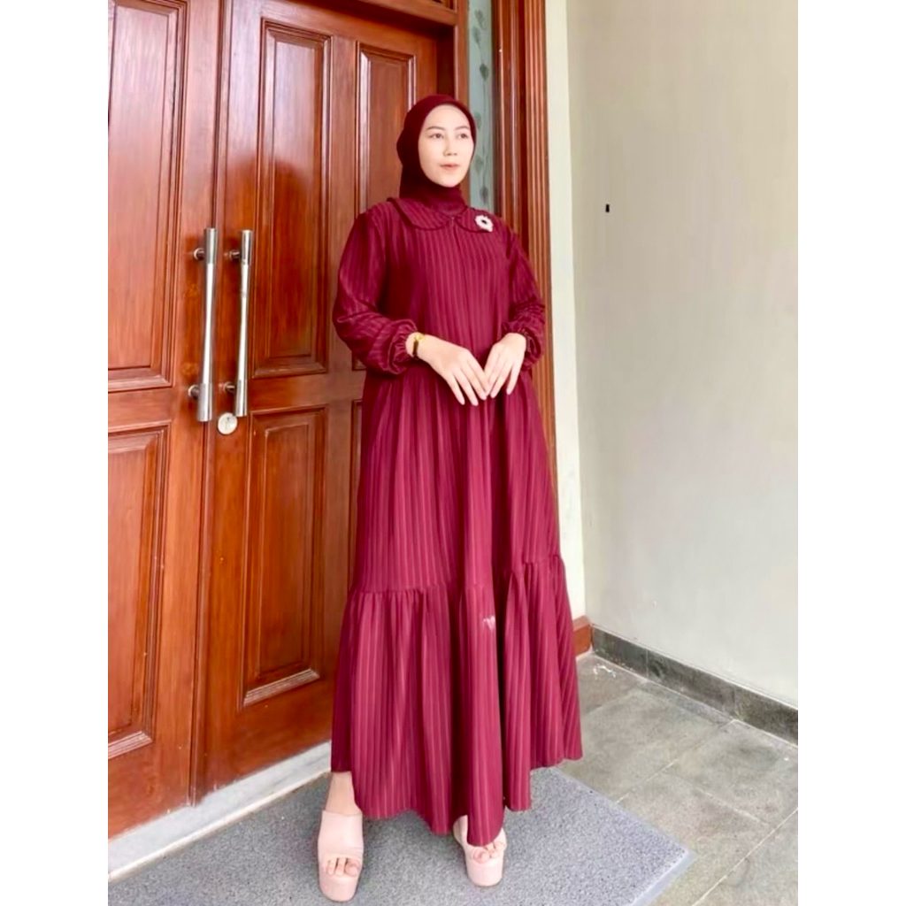 DRESS GAMIS WANITA TUM LOVERS MERAH MARUN MOTIF SALUR