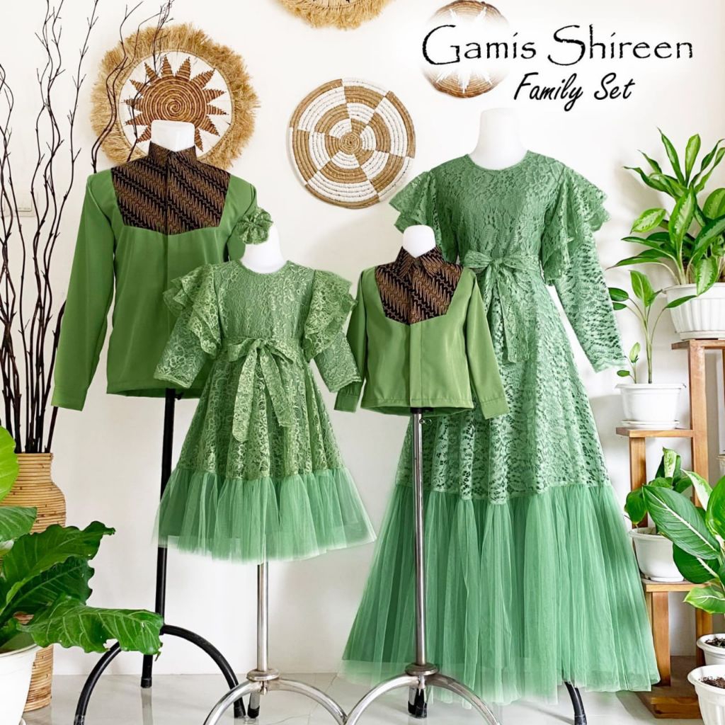 Gamis Shireen family set couple dress brokat furring katun mix tille hem lengan pendek panjang kemej