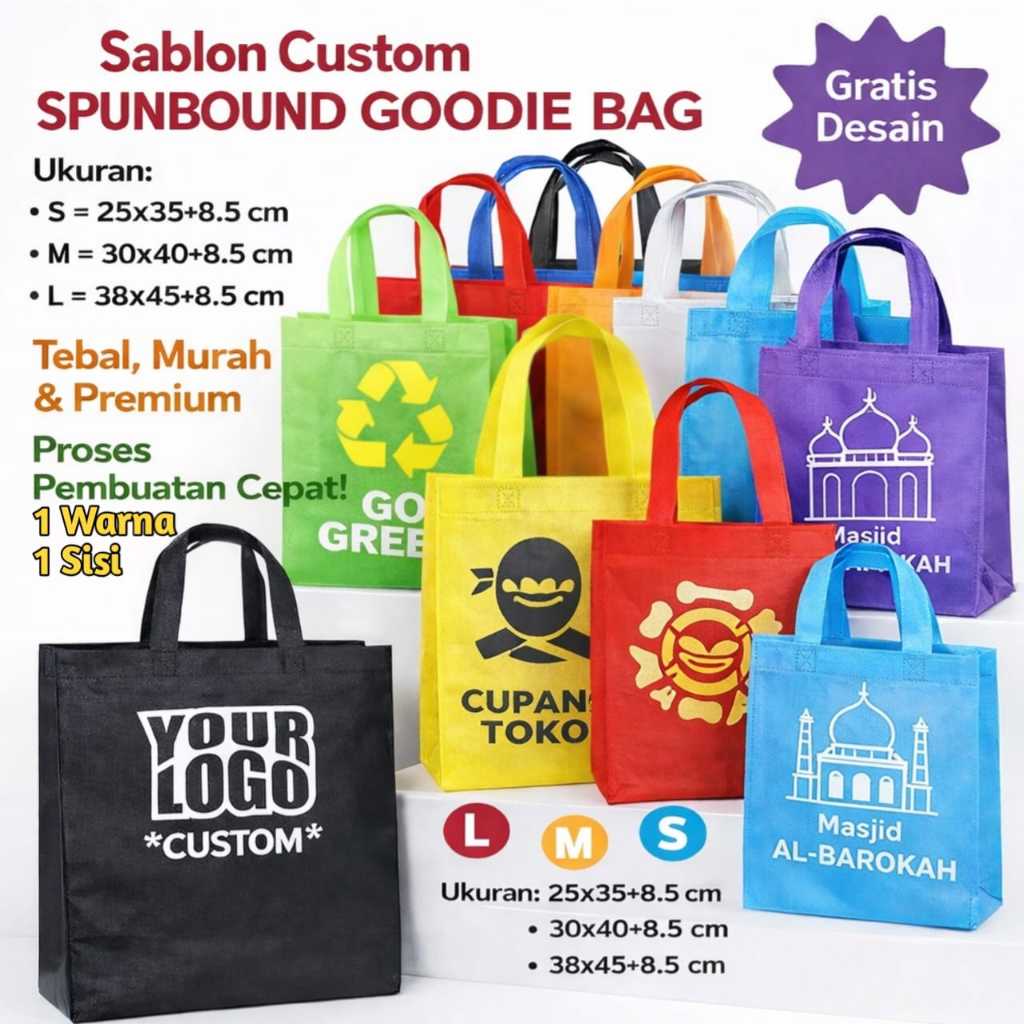 Sablon Custom Tas Spunbond Ukuran 38x45 - 30x40 - 25x35 Warna Warni – Goodie Bag & Tas Belanja