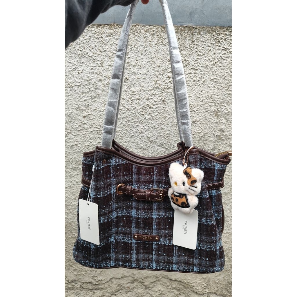 YICHEN Tote Bag Tweed Cokelat Musim Dingin
