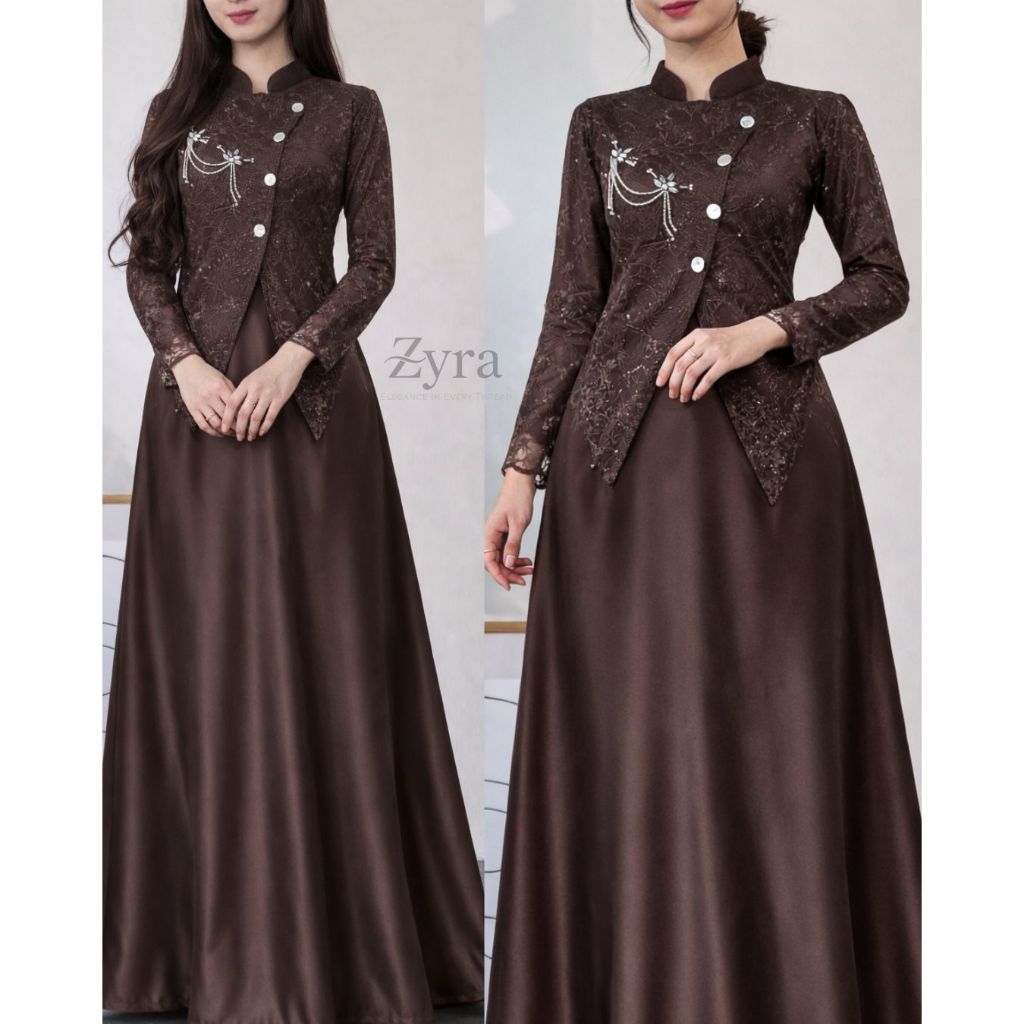 SAHARA GAMIS DRESS BUSUI LEBARAN 2026 Model Baru Special Burgundy Mahogany Satin Brokat Full Payet M