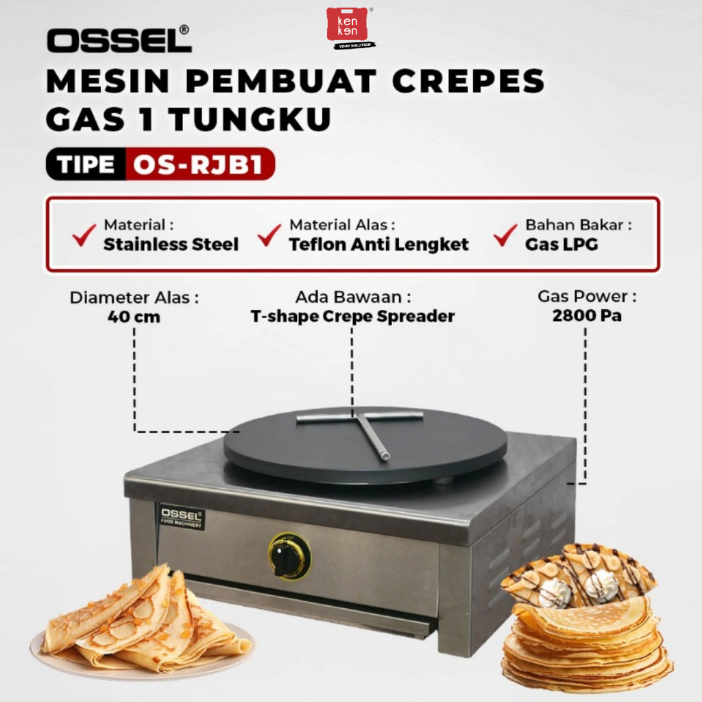 Ossel - Gas Crepes Maker Baker Mesin Pembuat Crepes Gas 1 Tungku OS-RJB1 Gratis T-Spreader