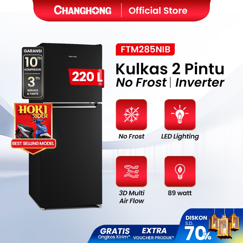 Changhong Kulkas 2 Pintu (Refrigerator) kulkas Inverter No Frost tanpa Bunga Es 220 Liter FTM285NIB