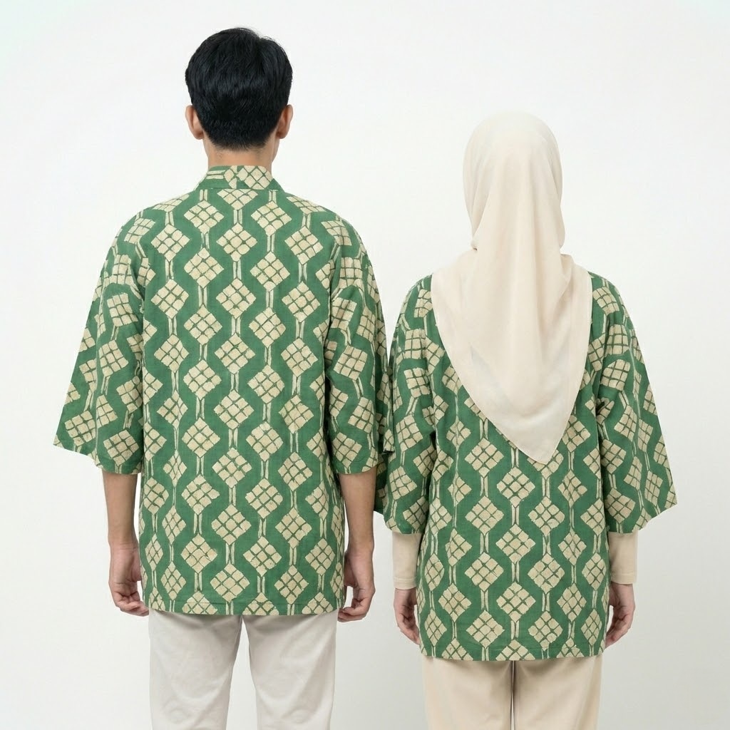 Edisi Idul Fitri Outer Kimono Couple Motif Ketupat Hijau Premium