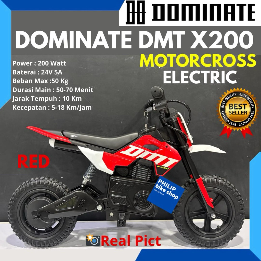 Motor Electric Mini Trail Anak DOMINATE DMT X200 Ukuran 12 Inc Gas Listrik Cross Minimotor Motorcros