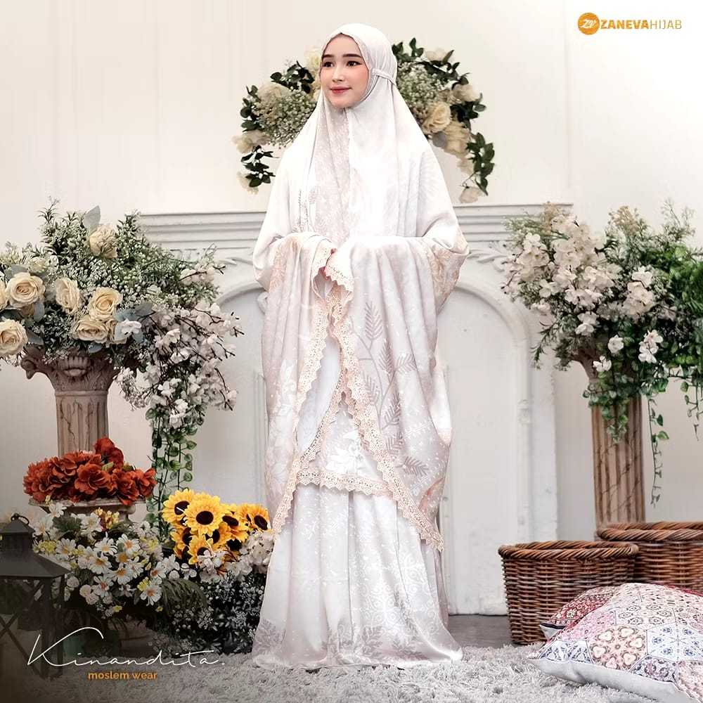 ZANEVA Mukena Printing Kinandita Premium Cream – Mukena Armani Silk Exclusive Motif Elegant + Renda 