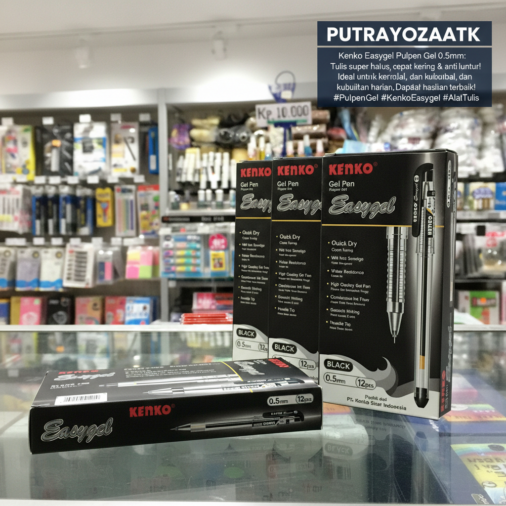 (1 KOTAK : 12 PULPEN) Kenko Easygel Pulpen Gel 0.5mm Hitam / Pulpen/Pena Easy Gel Kenko Hitam