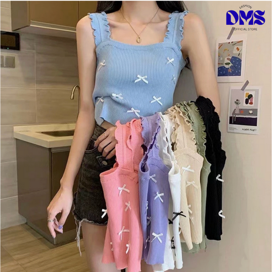 Tank Top Wanita Casual Top Basic Top Motif Coquette Pita / Tank Top Korea Atasan Crop Bahan Rajut Kn