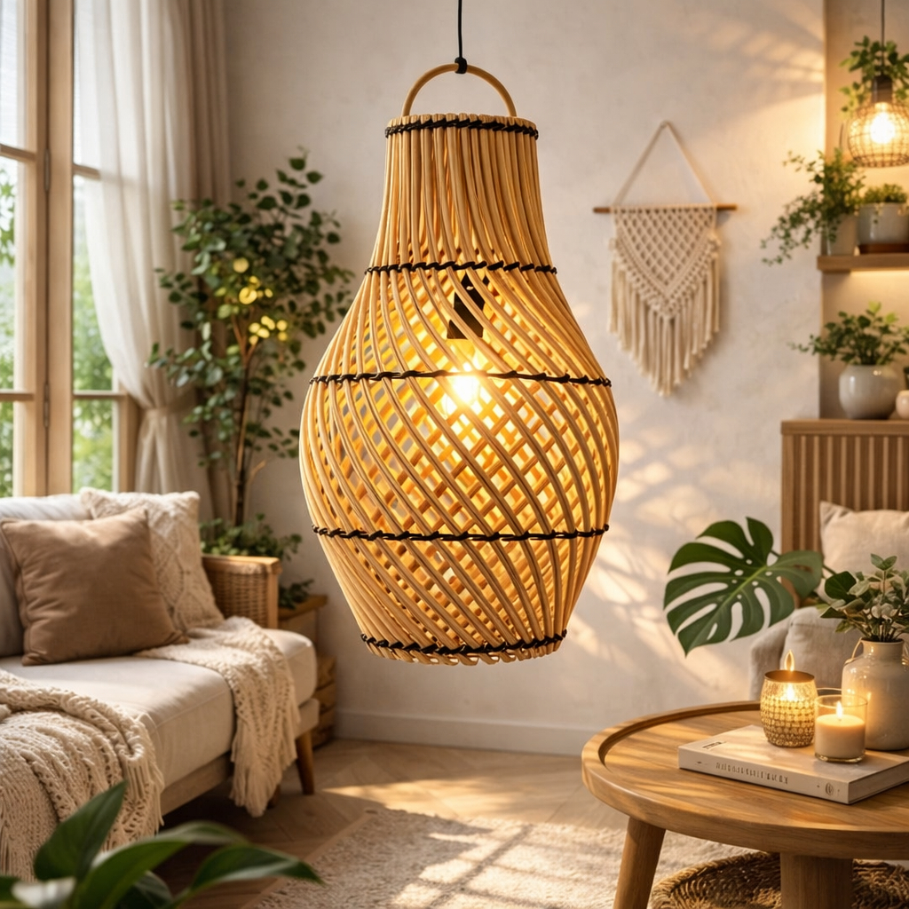 LAMPION/KAP LAMPU ROTTAN TALI BENANG HITAM DEKORASI INTERIOR - INCLUDE PACKING KAYU