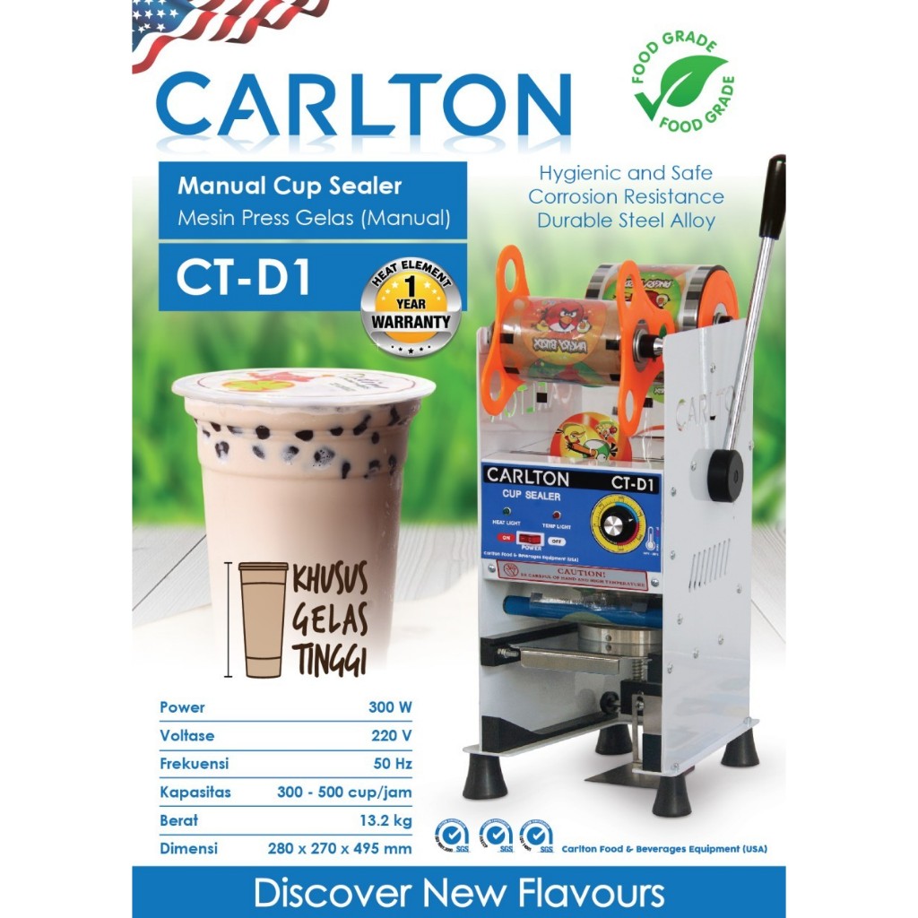 Mesin Cup Sealer CARLTON CT-D1 / Alat Press Pres Gelas Plastik D1 16-22Oz Mesin Penyegel Sealer Sege