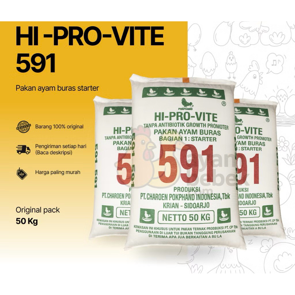 1 SAK 50 KG - HI PRO VITE 591 Pakan Ayam Buras / Bangkok / Kampung / Hobi | Usia Starter | Old Farm