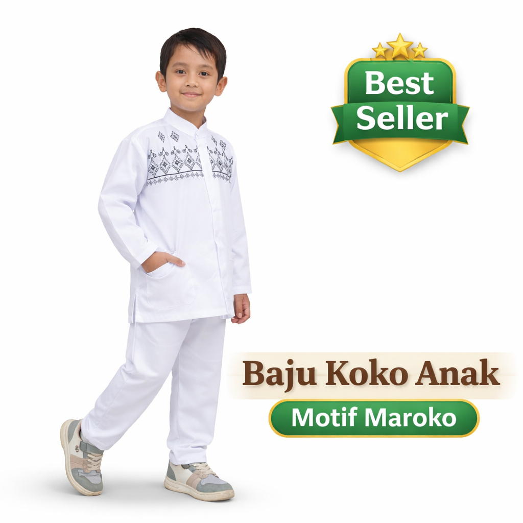 Baju Busana Muslim Anak Setelan Koko Warna Putih Lengan Panjang Untuk TK SD MI