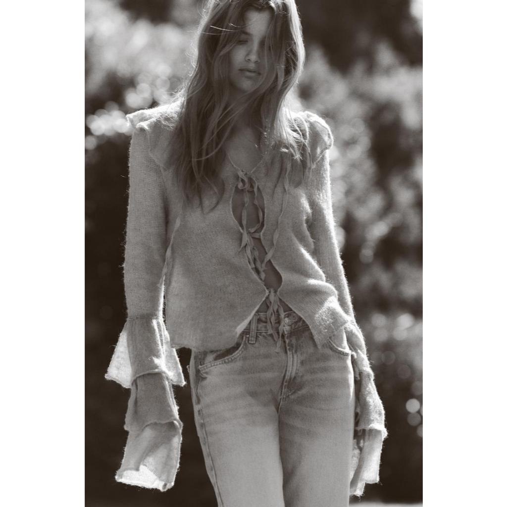 ZARA BLUE WOOL AND ALPACA BLEND KNOTTED CARDIGAN