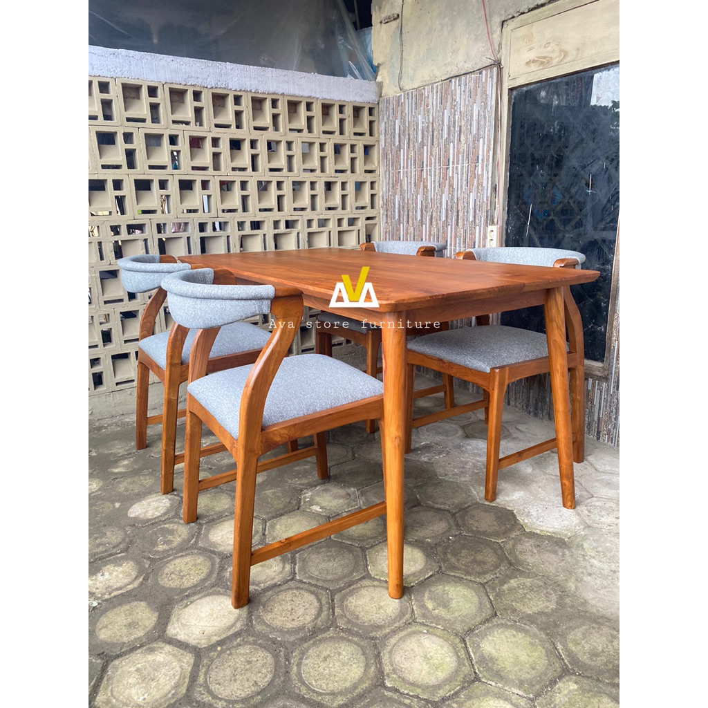 Meja Makan Kayu Solid Minimalis Set 4 Kursi – Meja Makan Jati Modern Kursi Jok Empuk Scandinavian Ru