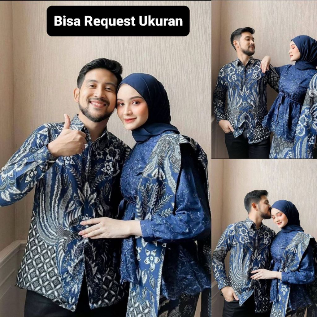 SET KEBAYA ALISA NAVY ORI COUPLE KEMEJA PREMIUM / CUSTOM ANAK & JUMBO / BAJU SETELAN SERAGAM BATIK P