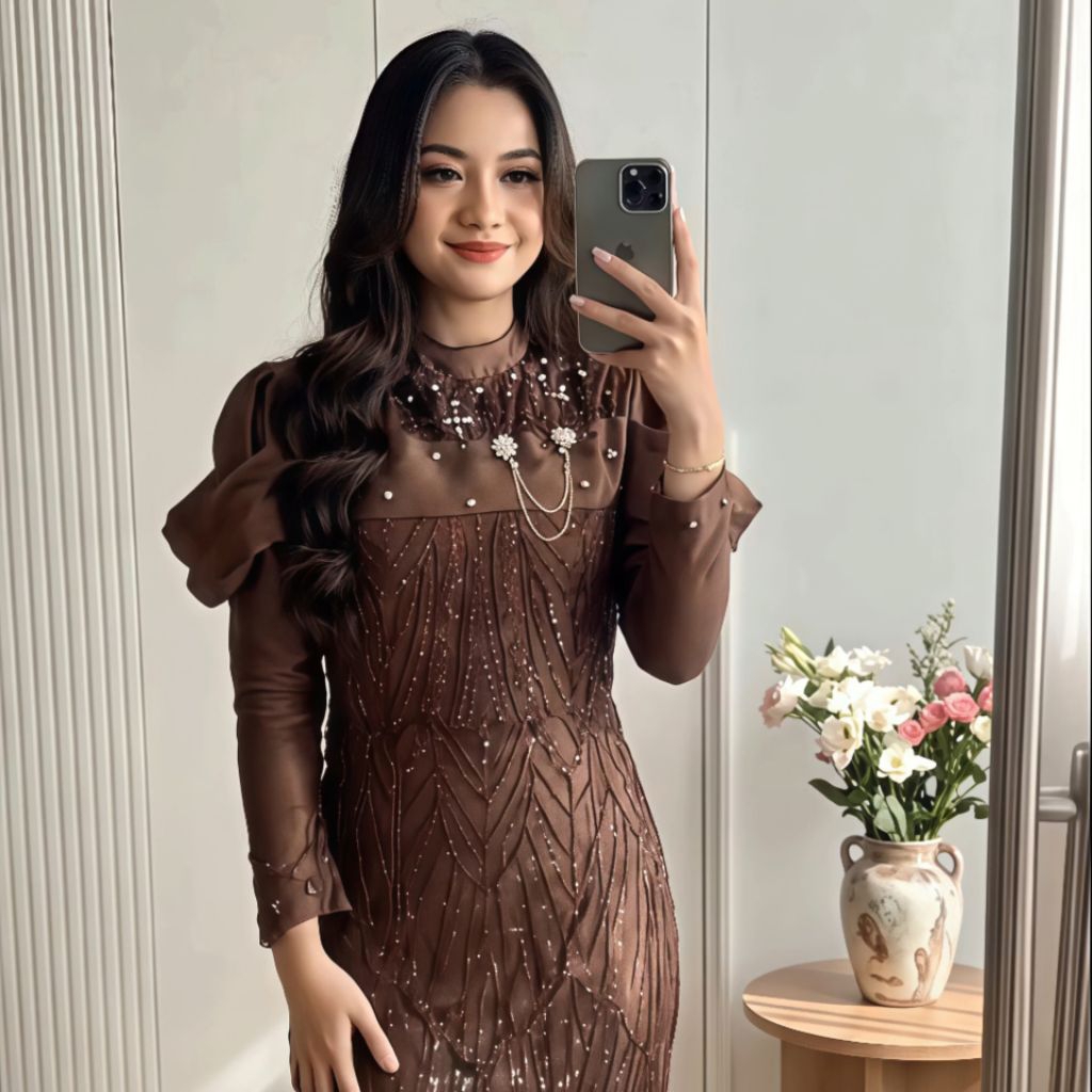 Diandra Dress Brokat Mewah  Baju Kondangan Wanita  | Baju Lebaran 2026 Gaun Elegan Payet Mutiara Bah