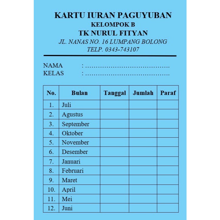 Kartu Pembayaran Iuran Bulanan Custom | Infaq RT RW SPP Sampah Air Listrik