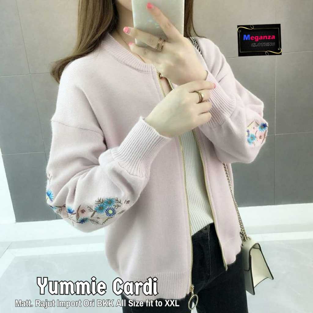 Yummie Cardi Cardigan Bomber Wanita "Original Meganza Clothing" Rajut Import Tebal Halus Motif Bordi
