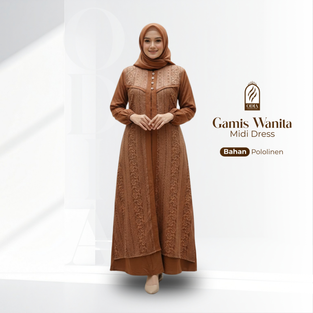 Gamis Wanita Midi Dress Polo Linen Brukat Warna Coklat Odia Fashion Kekinian All Size