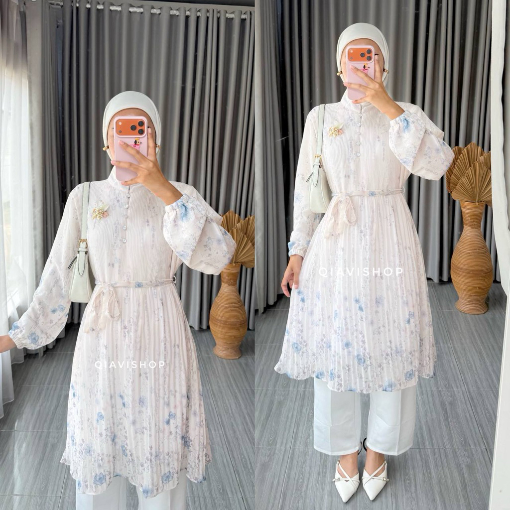 QIAVI SHOP - REVI TUNIK / TUNIC ATASAN PLISKET SIMPLE MEWAH MOTIF CANTIK WARNA PASTEL KUALITAS BUTIK