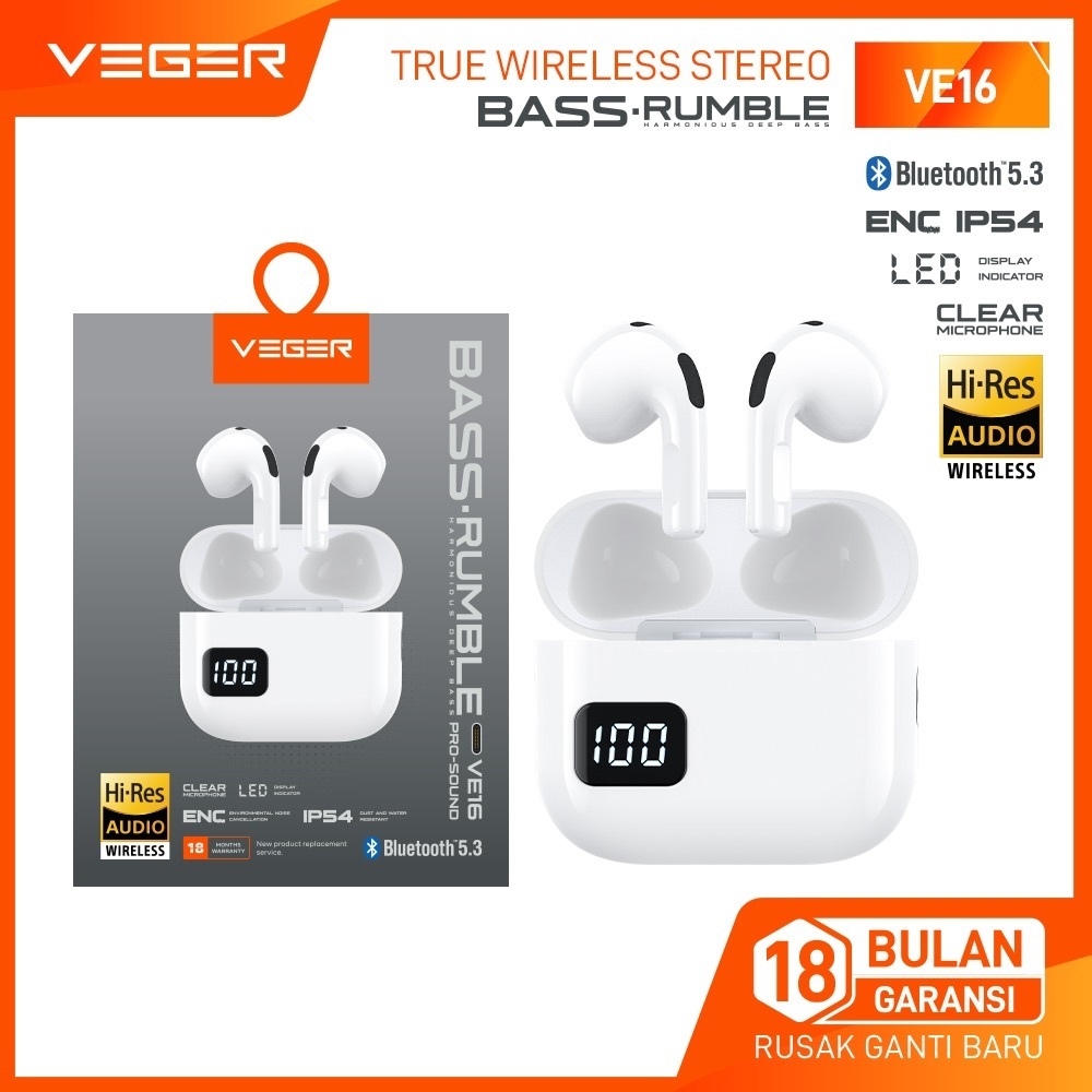VEGER TWS VE-16 Earphone Bluetooth Bass Rumble Wireless Putih