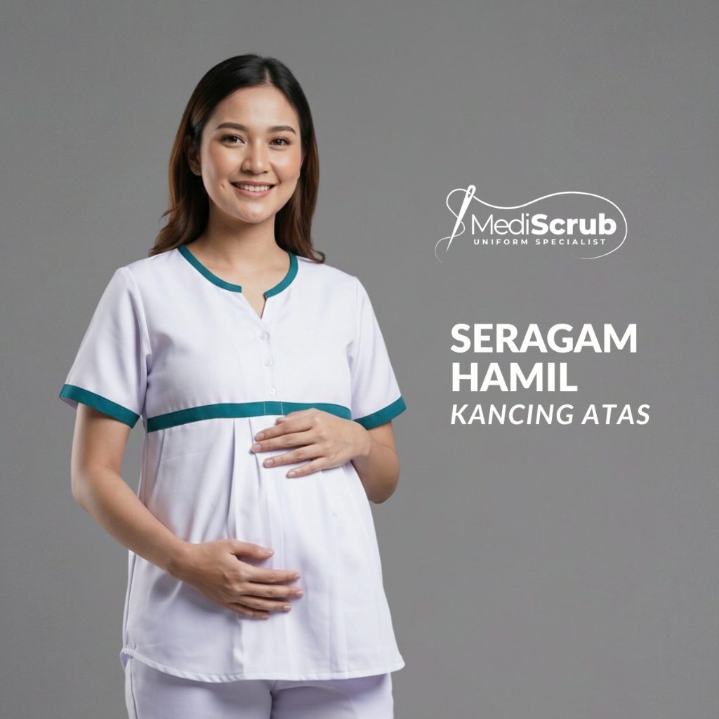 MediScrub Seragam Hamil Medis - Baju Jaga Ibu Hamil Kancing Atas Lengan Pendek Warna Putih Kombinasi