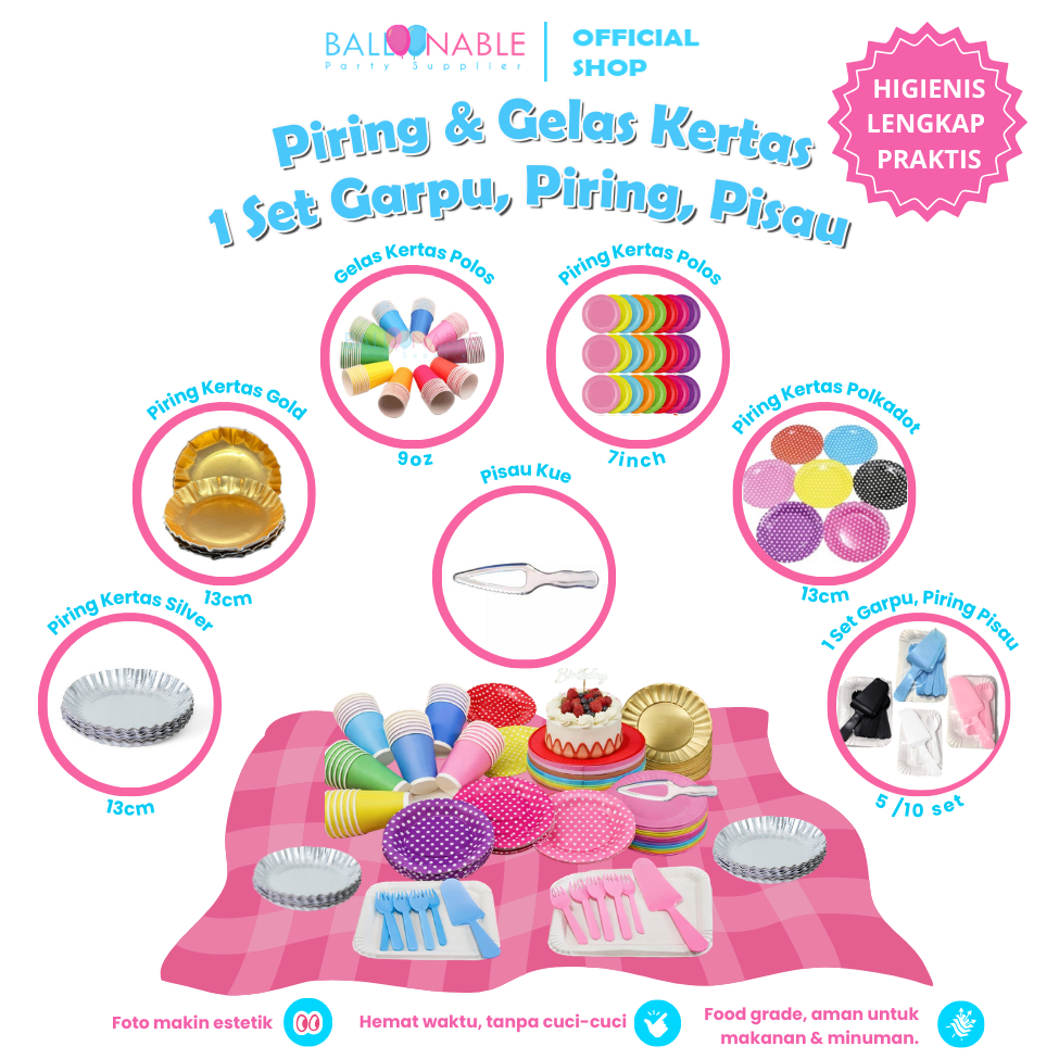 10pc Piring Silver kue kertas polos berbagai warna / Polkadot / Gelas Kertas | 1 Set Piring Garpu Pi