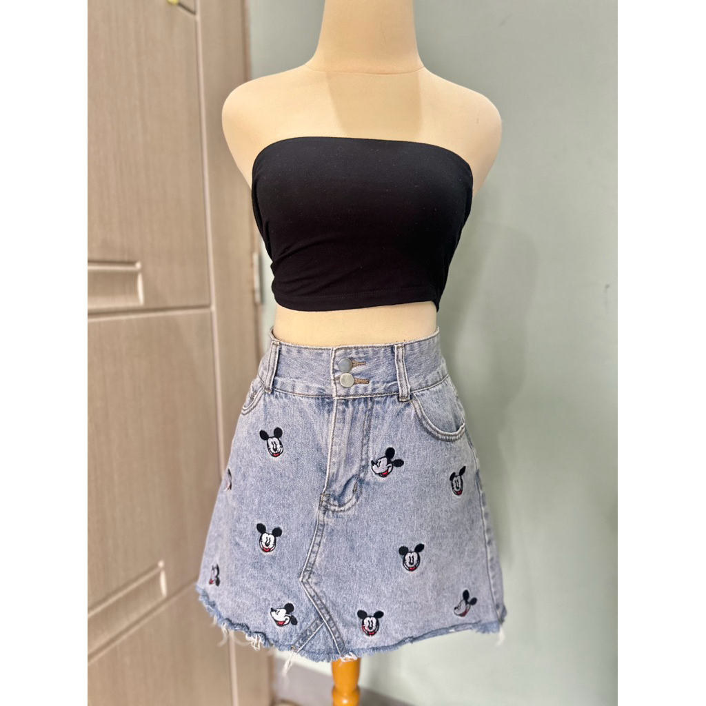 Rok Mini Skirt Jeans Denim Mickey Wanita Korea
