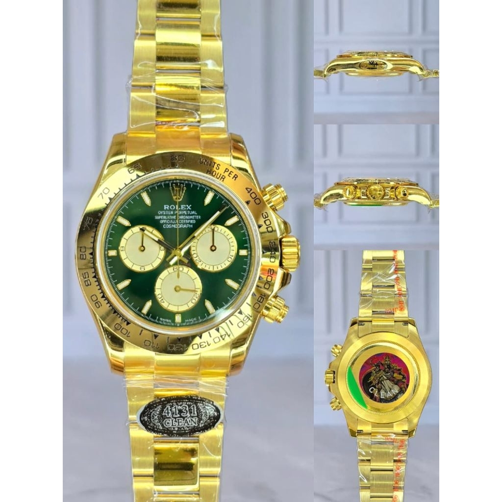 JAM TANGAN PRIA RLX DAYTONA AUTOMATIC SWISS CLONE 4131 JOHN MAYER GOLD CLEAN FACTORY FULLSET