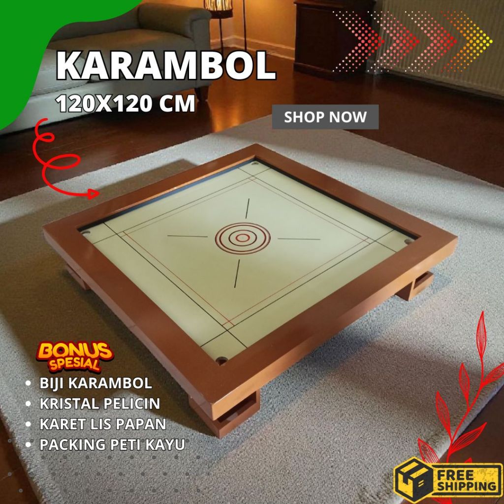 Karambol premium Kayu Meranti Ukuran Jumbo Besar 120x120 Satu Set Lengkap Warna Kombinasi
