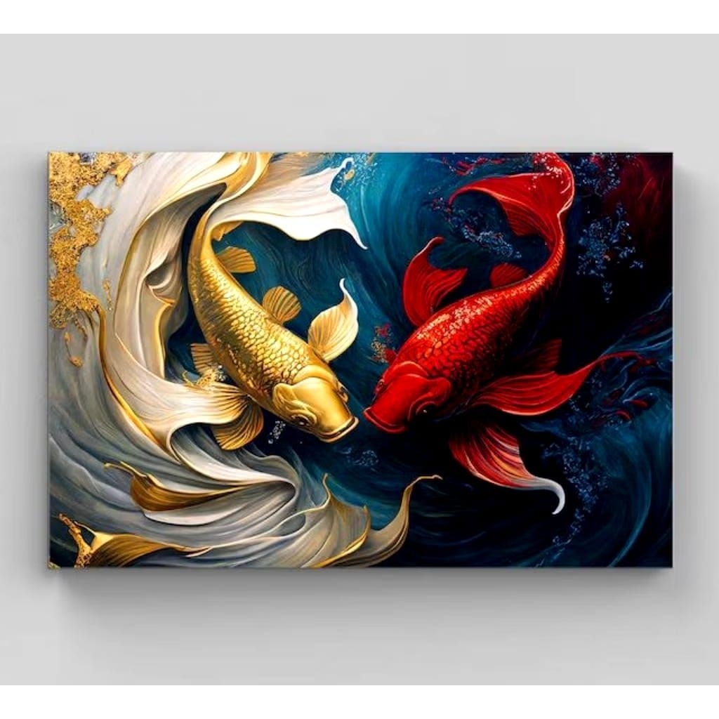 lukisan kanvas minimalis modern ikan koi semi abstrak untuk hiasan dinding rumah