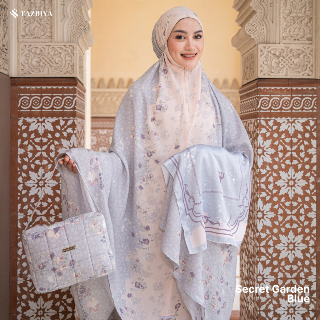 Mukena TAZBIYA 2in1 SECRET GARDEN Set Sajadah Dewasa Jumbo Bahan Katun Rayon Satin Mukenah Travel
