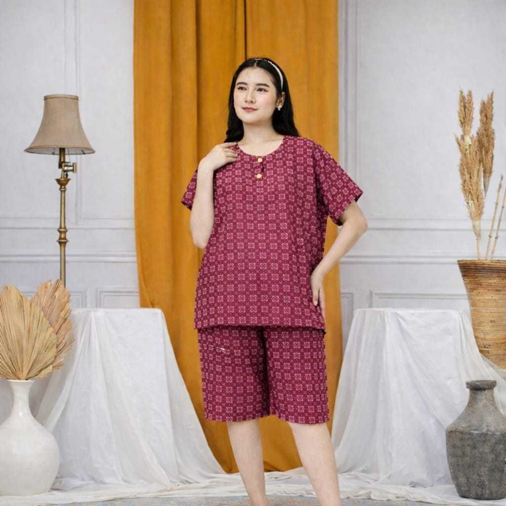 One Set Setelan Celana Pendek Wanita Gogo Jumbo Motif Etnik LD 120 Rayon Premium Busui Kekinian All 