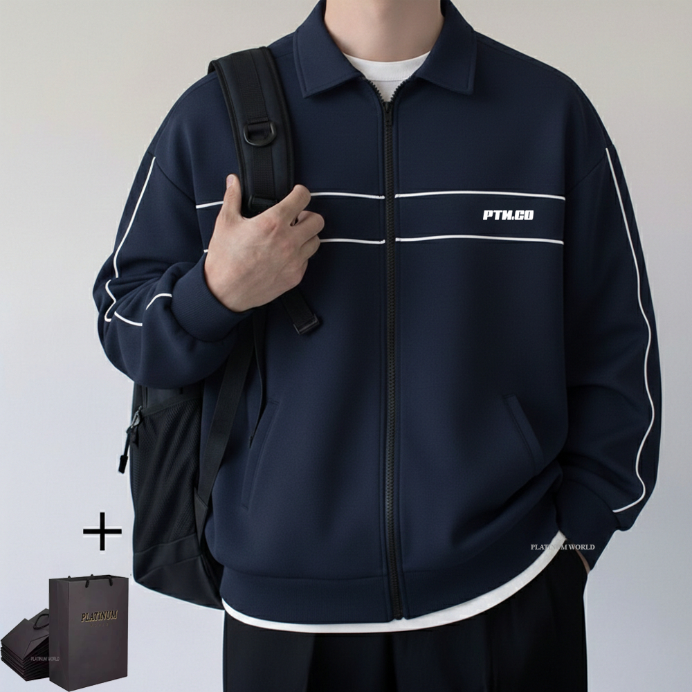 PLATINUM WORLD Jaket Tracktop Bahan Kain Flecee Line Stripe Unisex Pria - Wanita A3