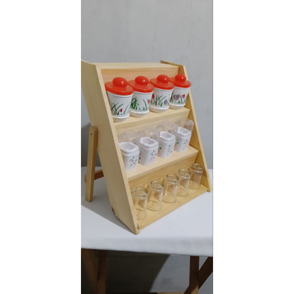 CUCI GUDANG RAK BUMBU 3 TINGKAT KAYU JATI BELANDA / RAK DAPUR MINIMALIS NATURAL / RAK STOPLES