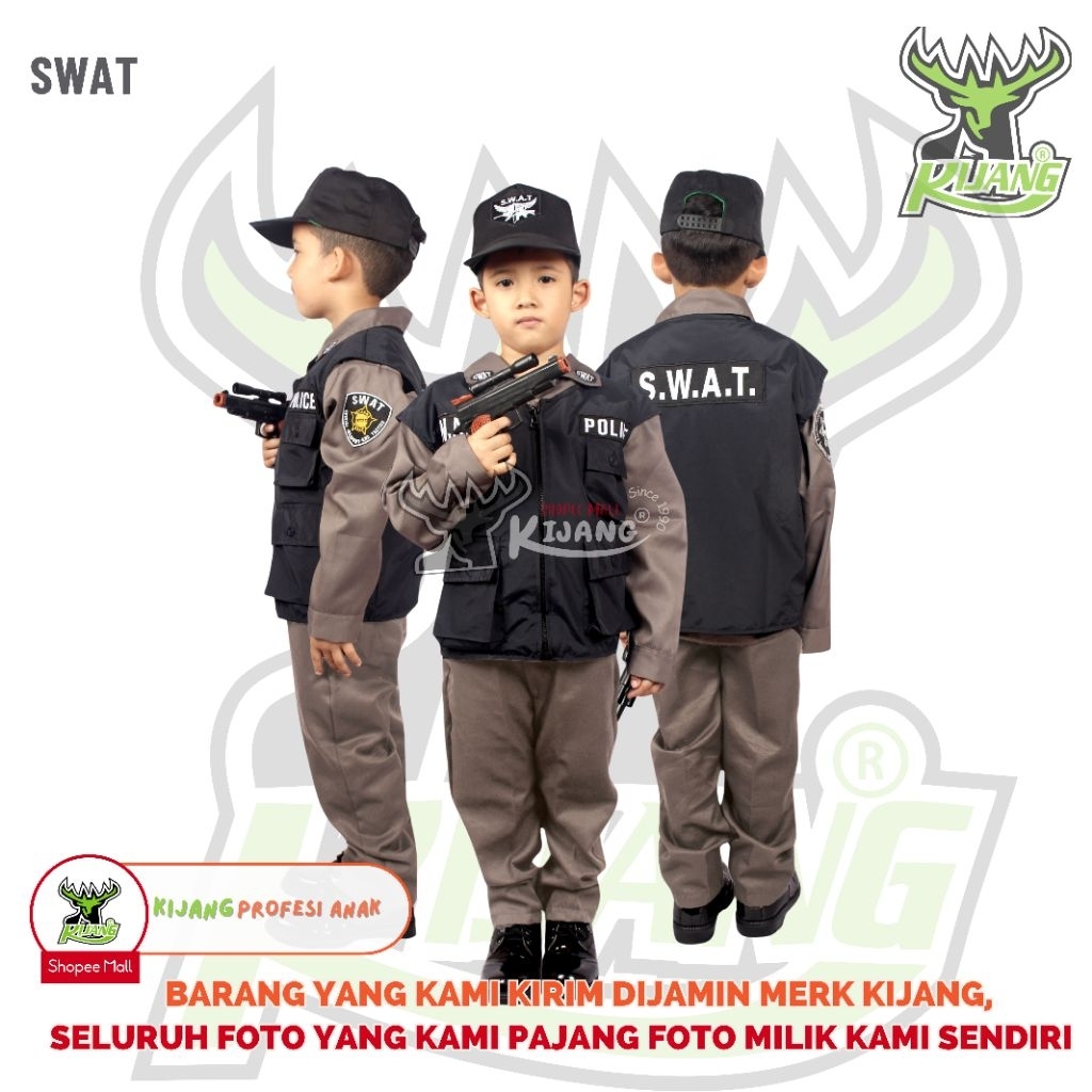 KIJANG Kostum Profesi SWAT bisa untuk cowok atau cewek komplit baju, celana, rompi, topi, Special we