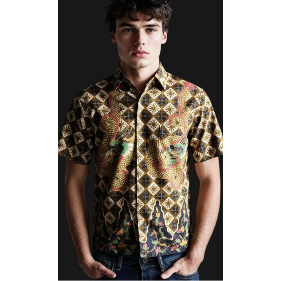 Kemeja Batik Pria Premium Lengan Pendek Motif Naga Pe