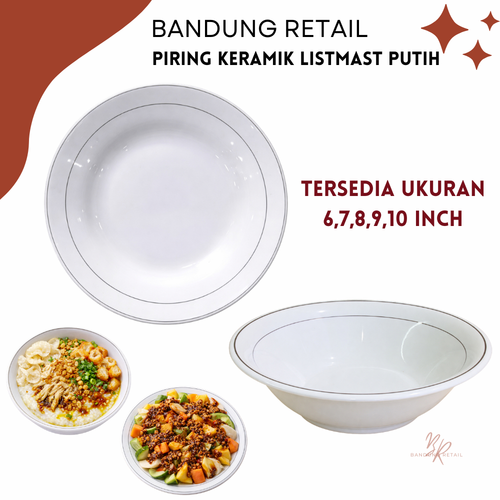 1LUSIN Piring Mangkok Keramik Listmast Sunbird 6,7,8,9,10 Inch Piring Garis Tepi Mangkok Makan Serba