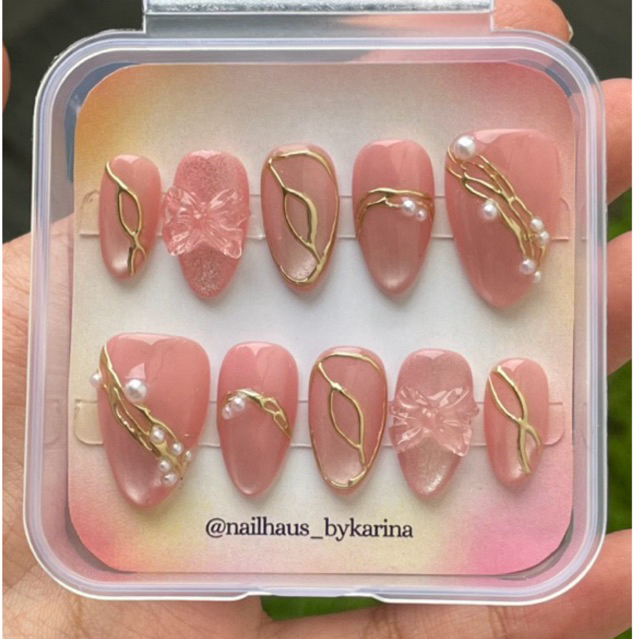 Press on Nails Pink Cat Eye Gold Chrome - kuku palsu pink cat eye size custom wisuda lebaran nikahan