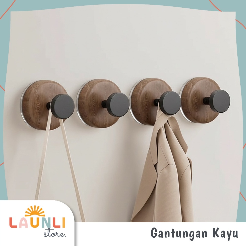 Gantungan Kayu Dinding Minimalis Hook Kayu Tempel Handuk Tas Baju Estetik