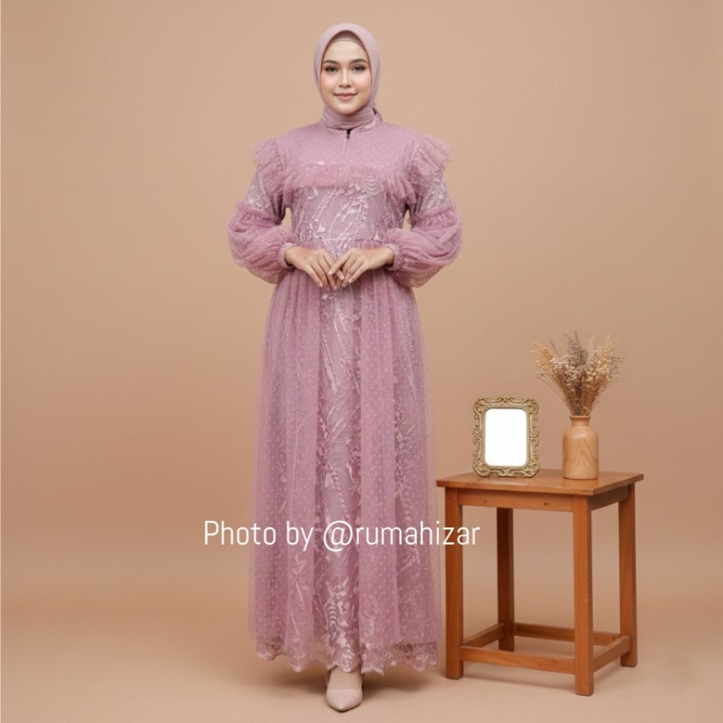 MAIRA Dress Gamis Kondangan Tile Dot Mauve Baju Wisuda Mewah Pakaian Pesta Wanita