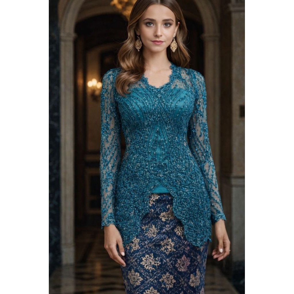 Kebaya Modern Wisuda Warna Emerald Blue Lengan Panjang 225