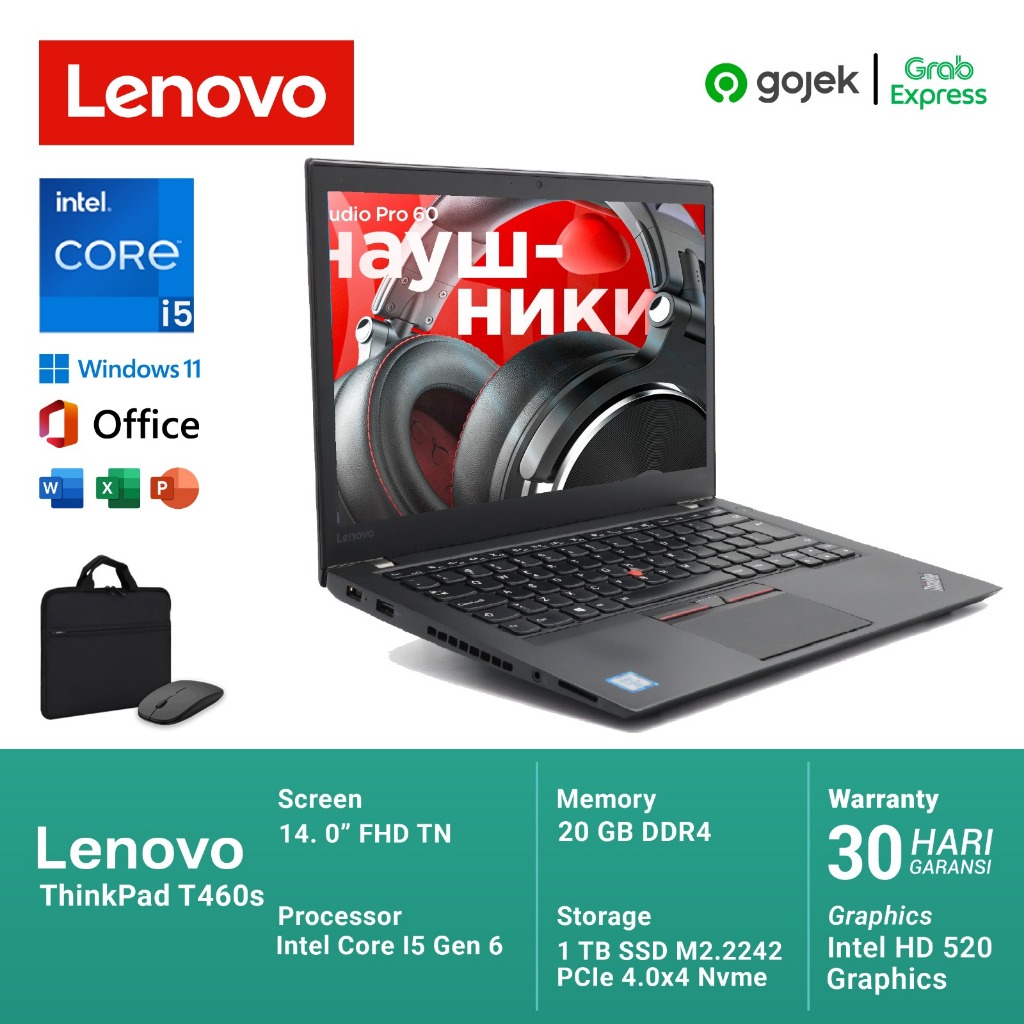 Lenovo ThinkPad T470S Slim Core I5 Gen 6 RAM 12GB SSD 512GB Bonus Tas dan Mouse Wireless