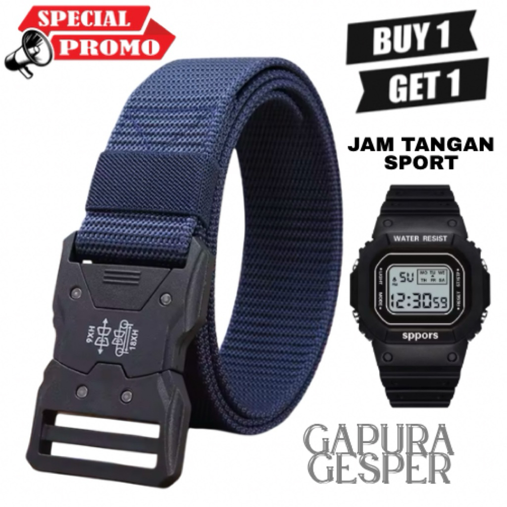 PAKET HEMAT FREE JAM TANGAN KEREN  Ikat Pinggang Pria Tali Canvas Nilon Gesper Sabuk Cowok Tactical 