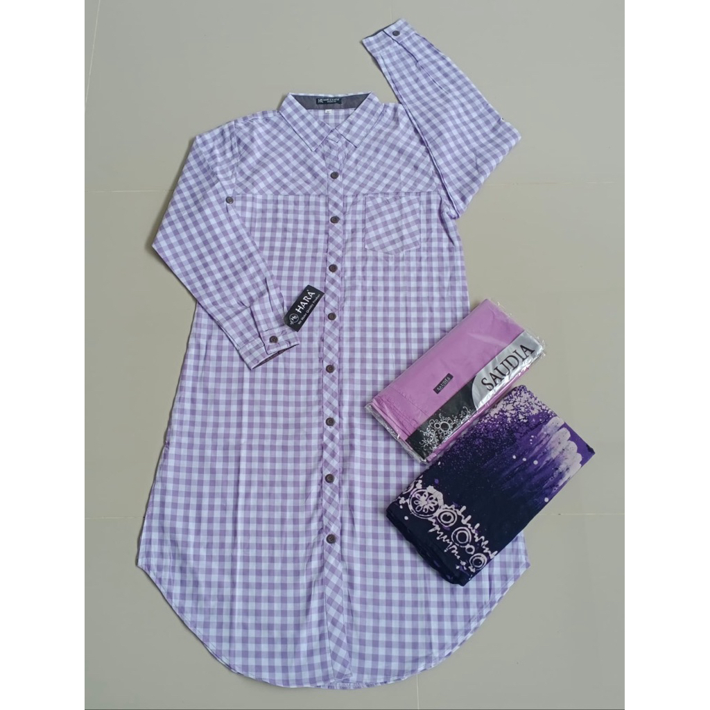 Stelan Long Tunik Hara + Sarung Gloyor Tebal + Hijab